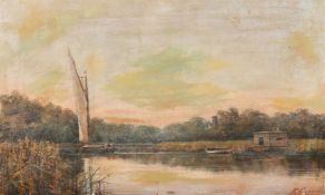 Circa 1890, A reeded river scene with a barge at sail, a wooden hut with moored rowing boats and a