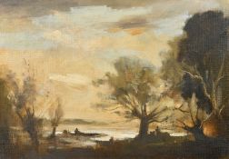 Philip Hugh Padwick (1876-1958), figures nearing a lake at dusk, oil on canvasboard, 14