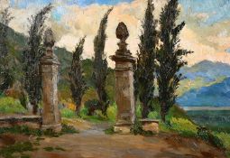 E. Passerini, 20th Century Italian School, stone pillars amongst cypress trees in a hillside