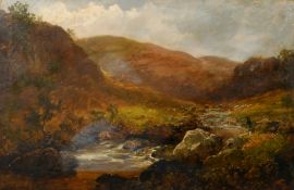 Alfred Hinley, (19th Century) A rocky river scene in the mountains with a figure fly fishing, oil on