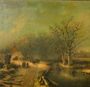 19th Century Dutch School, figures playing on a frozen waterway at dusk, oil on panel, 16