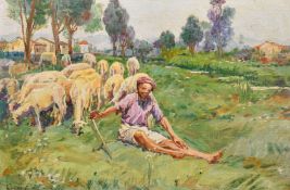Oscar Pereira Da Silva (1867-1939) Brazilian, a shepherd and his flock in an open landscape, oil
