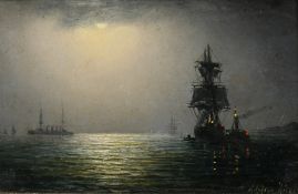 Adolphus Knell (19th Century), sailboats in calm waters off a headland, oil on board, signed with