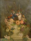 Mr R.de B. Flint, 'Flower Piece', a still life of Summer flower in an urn on a marble plinth, oil on