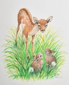 Ella Bruce (20th Century), a fawn and two rabbit amongst grass, watercolour, signed, 9