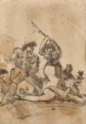 19th Century, an ink and watercolour drawing of figures in battle, 13.5