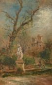 Late 19th Century Continental School, a study of figures in a formal park, oil on board, 16.5