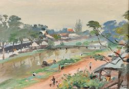 South East Asian School (20th Century), Dwellings along the river and figures on the path, oil on