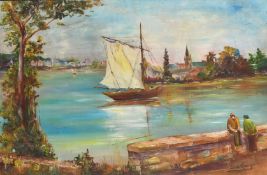 G. De Loos, figures conversing on a quay with a moored sailboat beyond, oil on board, signed, 21.75