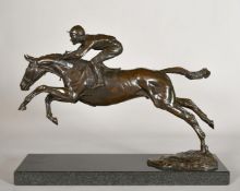 Priscilla Hann (b. 1943), a patinated bronze figure of a horse and jockey jumping, signed P. Hann,