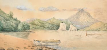 19th Century English School, 'Fitzroy Harbour, Great Barrier Island, New Zealand', watercolour,