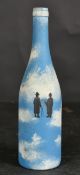 After Rene Magritte, A wine bottle painting with figures and clouds, glass 11.75