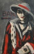 Impressionist School, Portrait of a woman wearing a red and black coat with matching hat, oil on