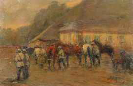 Polish School, Horse men outside a building, oil on board, indistinctly signed, 13