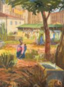 African/Asian School (20th Century), Figures near a covered market, oil on canvas laid on board, 24