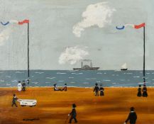 Margaret Chapman (20th Century), figures on a beach with a paddle steamer beyond and two French