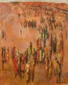S. Menichet, Circa 1976, a gathering of figures in a landscape, oil on canvas, signed, 24