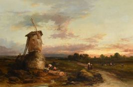 Henry Bright (1814-1873) British, A rural landscape with figures by a windmill and workers in a