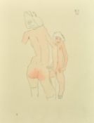 A Pencil and watercolour study of a female nude, possibly a self-portrait, signed with initials E.