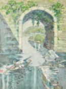 20th Century Japanese School, figures and small boats on a waterway, pencil and watercolour, 21