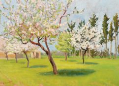 Robert Morson-Hughes (1873-1953), tress in blossom, oil on panel, signed, 10