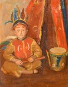 Early 20th Century, A young boy wearing a Indian costume sitting crossed legged by a wigwam, oil