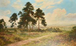 Daniel Sherrin (1868-1940), a shepherd driving his flock along a country path, oil on canvas,