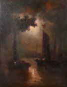 F. Toro, 20th Century, moored sailboats under moonlight, oil on canvas, signed, 32