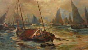 John McIntosh Madden (1856-1923) New Zealand, 'Supper Time with the Fishing Fleet', oil on board,