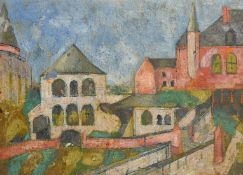 Jean Besnard, Circa 1970's, a scene of buildings in a city, oil on board, 30