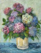 Patricia Tucker, A still life of Hydrangeas in a Wedgewood pot, oil on board, signed, 17.75
