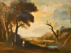 Philip Hugh Padwick (1876-1958), figures approaching a hilltop lake, oil on canvasboard, 12