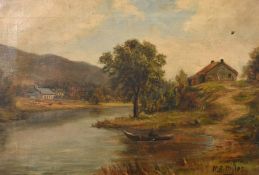 M.S. Myles, late 19th Century, a figure in a rowing boat with dwellings beyond, oil on canvas, 13