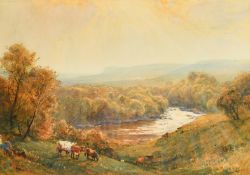 Robert Thorne Waite (1842-1935), cattle overlooking a mountain lake, watercolour, signed, 13.5