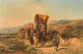 Honore Boze (1830-1908) French, North African figures and a caravan of camels moving along a path