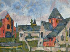 Jean Besnard, Circa 1970's, a scene of buildings in a city, oil on board, 30