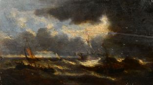 19th Century Continental, ships rolling in heavy seas, oil on panel, 9