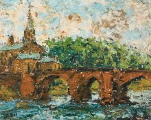 F. Gore, A Continental river bridge with a church beyond, oil on board, signed, 16