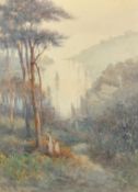 Herbert E Butler (1861-1931), female figures on a valley path above Polperro, watercolour, signed,