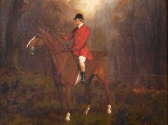 George Wright, 19th Century, a mounted huntsman in the woods, oil on canvas, signed, 7