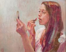 Julian Gordan Mitchell, Portrait of a young woman putting on lipstick, oil on canvas board,