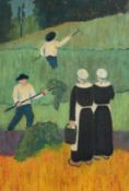 French School, Figures in a field, oil on board, 17.75