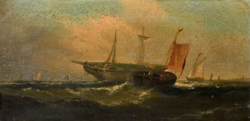 19th Century English School, sailboats approaching a hulk, oil on canvas, 8