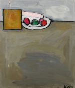 Knut, 20th Century, a modernist still life of objects on a table, oil on canvas, signed, 25.5