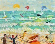 Alan Furneaux (b. 1953) British, 'Kite Surfers Marazion', oil on board, signed, 8