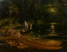 19th Century English School, female figures serenading in a moonlit cove, oil on canvas, 18