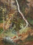 Robert Erbe, Two deer crossing a forest stream, watercolour and gouache, signed and dated, 9.25