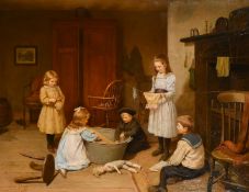 Harry Brooker (1848-1940), children playing around a bathtub in a cottage interior, oil on canvas,