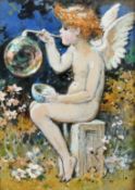 Attributed to Coleman, Circa 1890, a study of a winged cherub blowing bubbles, watercolour, 4.25