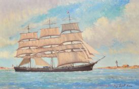 Hugh Boycott Brown (1909-1990), a three masted ship off a headland, oil on canvas, signed, 24